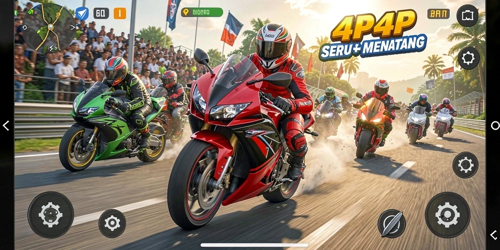 Gameplay seru dalam balapan motor 4P4P yang menantang.