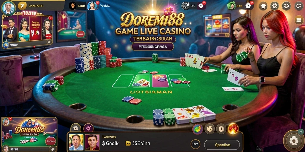 Screenshot gameplay DOREMI88 menampilkan suasana kasino yang hidup dan interaksi dengan dealer.