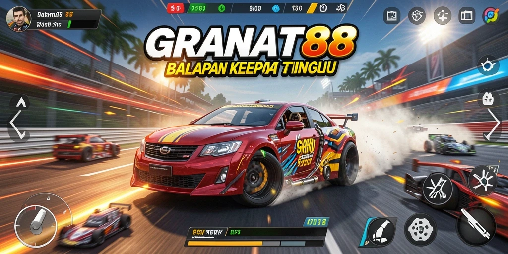 Screenshot gameplay GRANAT88 menampilkan balapan mendebarkan di trek yang menantang.