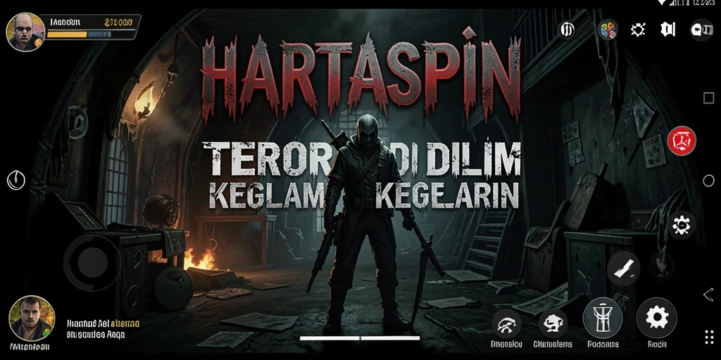 Screenshot gameplay HARTASPIN menampilkan suasana mencekam dan karakter yang terjebak.