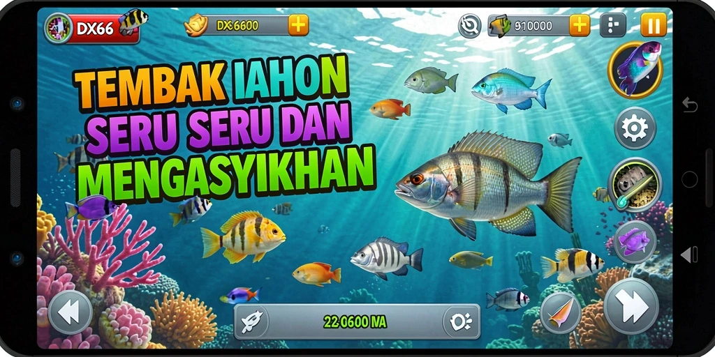 Tampilan gameplay seru dalam IDX66 dengan ikan berwarna-warni.