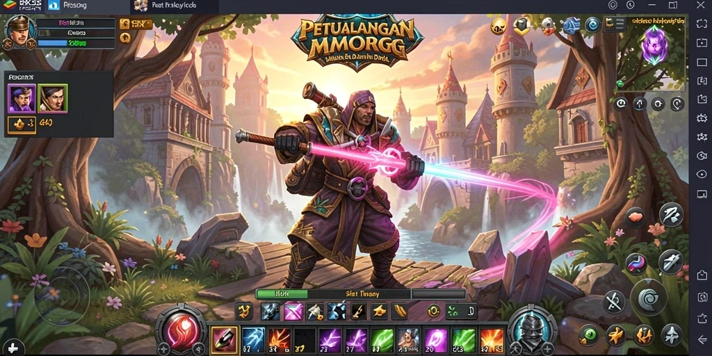 Tangkapan layar utama RK55 menampilkan aksi seru dan dunia yang mengagumkan dalam MMORPG.
