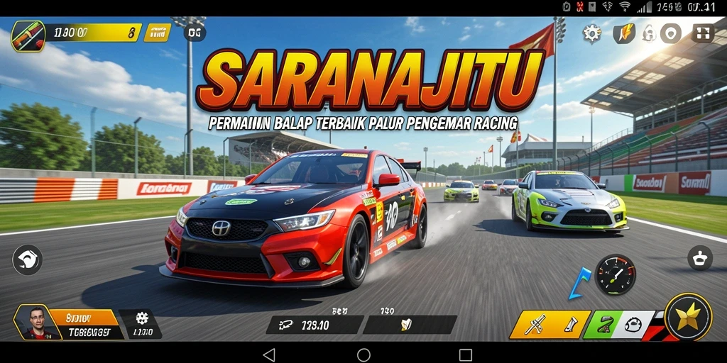 Tangkapan layar utama SARANAJITU menampilkan aksi balapan yang seru dan grafis yang mengesankan.